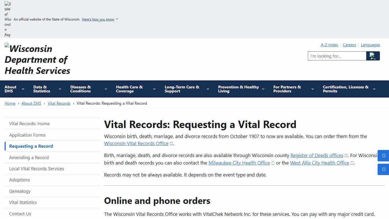 Vital Records: Requesting a Vital Record | Wisconsin Department of Health Services